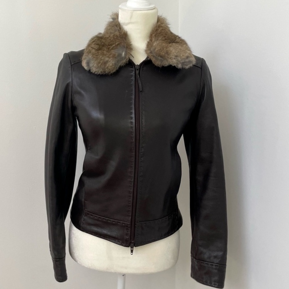 NWT $750 SISLEY Soft Calf Brown Leather Fox Fur Women's Jacket Size Small